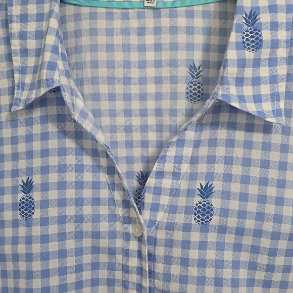 Crown & Ivy Light Blue Gingham Womens XL Button-Up Shirt Pineapple - Picture 3 of 7